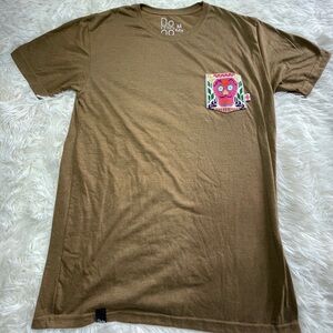 Domingo Brown Embroidered Skull Graphic Pocket Cotton Mens Crew Neck Tee Size M